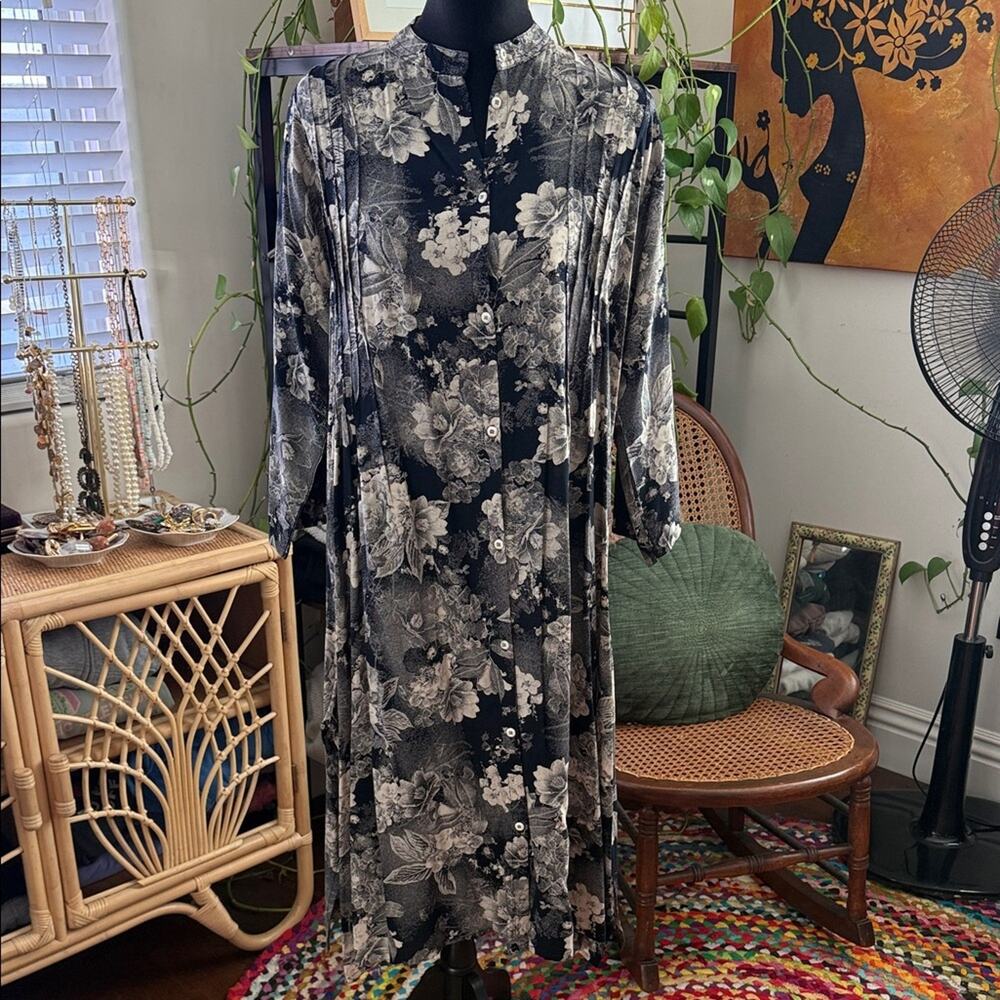 LC Waikiki Navy & Cream Floral Button Up Boho Midi Maxi Dress